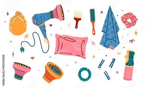Set of hair accessorise of barbershop. Illustration of silk pillowcase, silk towel, satin hair band. Turban for hair care in the bathroom. Hair dryer, clips and comb. Curly girl method. Vector photo