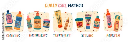 Illustration of cosmetics for curly hair routine. Concept to Curly girl method. Hair care bottle styling, cleansing, treatment for kinky hair. Doodle style. Vector