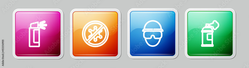 Set line Pepper spray, Protest, Special forces soldier and Paint can. Colorful square button. Vector Set line Pepper spray, Protest, Special forces soldier and Paint can. Colorful square button. Vector