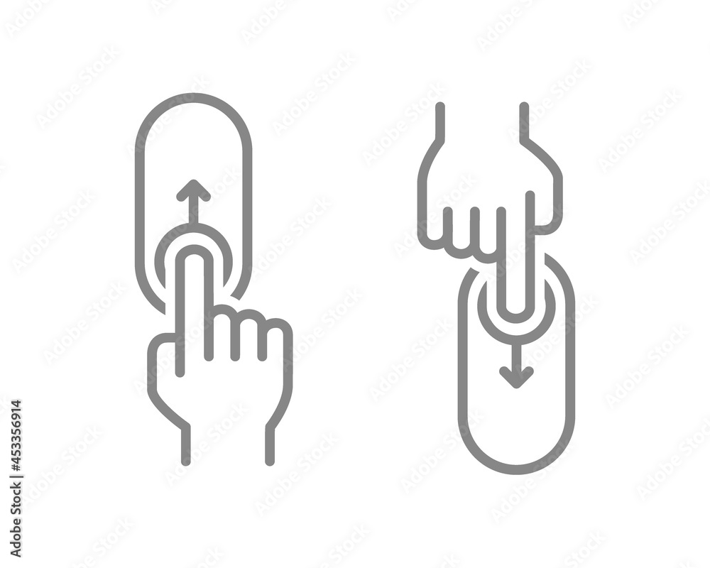 Set of up, down swipe gesture. Lock and unlock hand control symbol. On, off toggle slider line icons. Set of up, down swipe gesture. Lock and unlock hand control symbol. On, off toggle slider line icons.