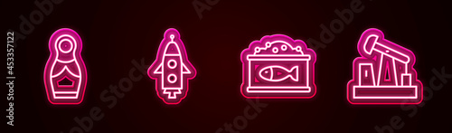 Set line Russian doll matryoshka, Rocket ship, Tin can with caviar and Oil pump or pump jack. Glowing neon icon. Vector