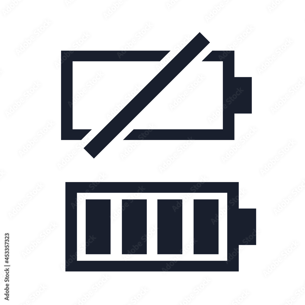Low and full battery black icon set. Power battery, accumulator symbol. Awareness symbols for digital devices concept. Low and full battery black icon set. Power battery, accumulator symbol. Awareness symbols for digital devices concept.