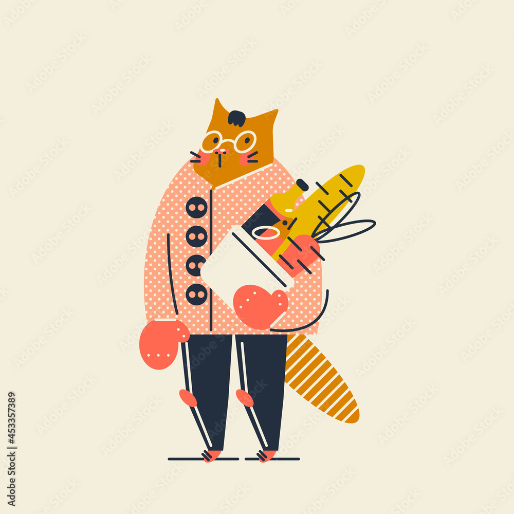 Cat with a shopping bag. Vector illustration, postcard, print. Cat with a shopping bag. Vector illustration, postcard, print.