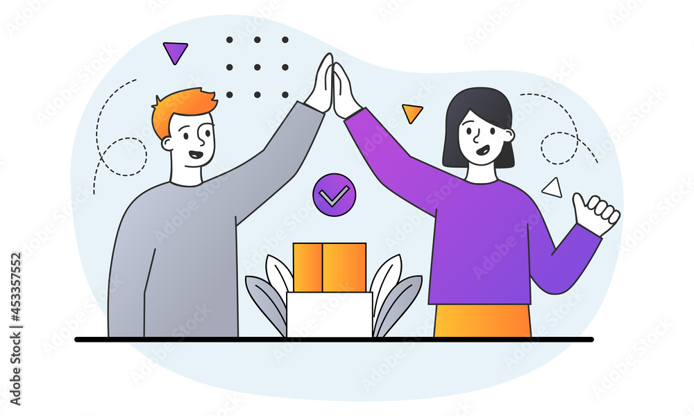 Project communication concept. Man and woman give high five above box and rejoice at completed project. Business topics. Cartoon doodle modern flat vector illustration isolated on a white background Project communication concept. Man and woman give high five above box and rejoice at completed project. Business topics. Cartoon doodle modern flat vector illustration isolated on a white background