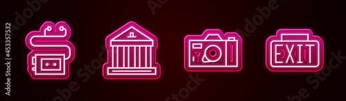 Set line Museum audio guide, building, Photo camera and Exit sign. Glowing neon icon. Vector