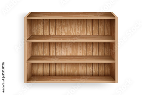 Blank bookshelf mockup template. Realistic wooden shelves for online store, library, school interior design. Empty bookshelf made of wooden boards.