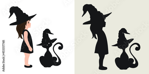 Halloween theme  little witch with cat  vector artwork