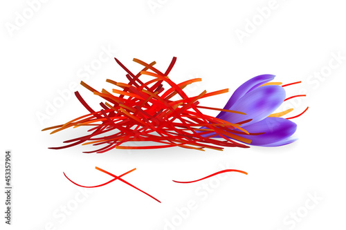Realistic saffron pestles heap and fresh flower isolated on white background. Dried seasoning illustration.