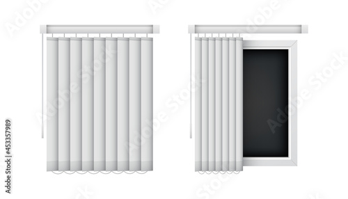 Closed and open vertical window blinds. Realistic office louvers, front view. Vector jalousie mockup for interior decoration design