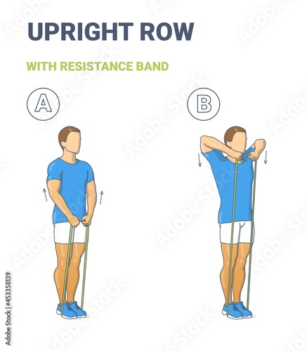 Guy Doing Upright Row Home Workout Exercise with Thin Resistance Band or Elastic Loop Guidance.