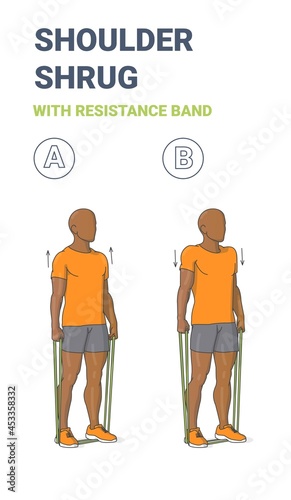 Black Guy Doing Shoulder Shrugs Home Workout Exercise with Thin Resistance Band or Loop Guidance.