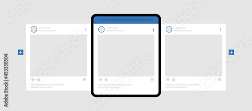 Tablet pc with interface carousel posts. Carousel post mockup template. Social network ads post.