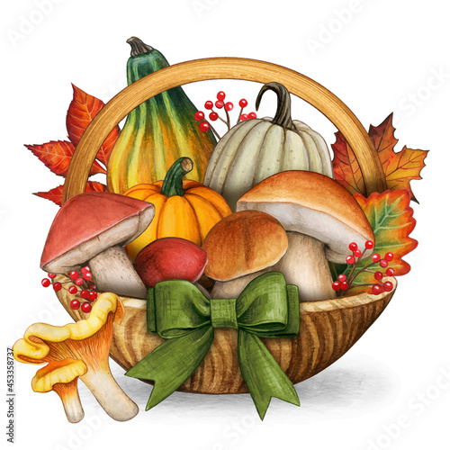 Watercolor colorful basket with mushrooms pimpkins and fall leaves