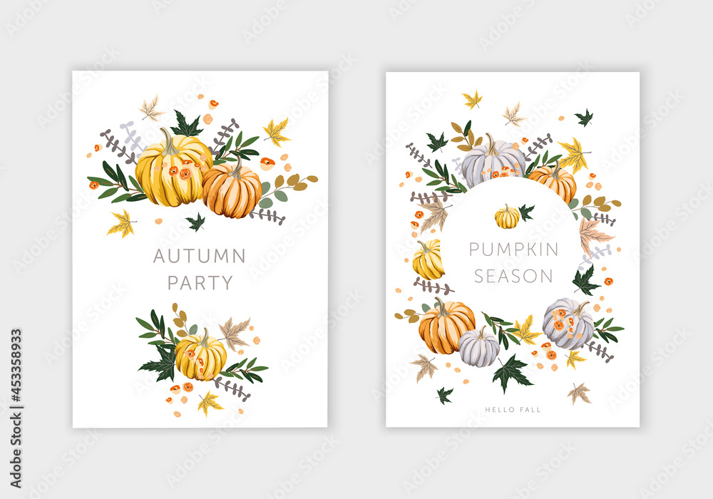 Autumn cards design template with orange, yellow, gray pumpkins, maple leaves, white background. Vector illustration. Nature design. Fall season