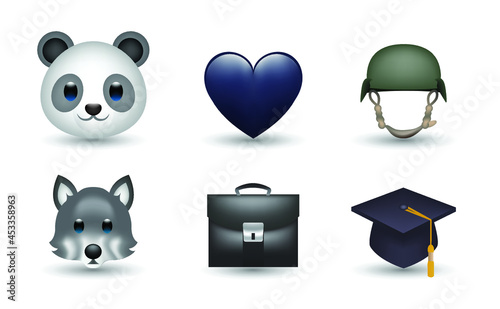 6 Emoticon isolated on White Background. Isolated Vector Illustration. Panda, heart, helmet, wolf, briefcase, bachelor cap vector emoji Illustration. Set of 3d objects Illustration in black color