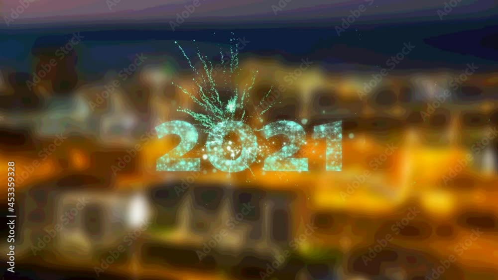 Animation of new years eve text over cityscape Animation of new years eve text over cityscape