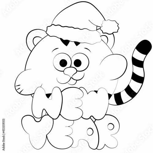 Cute cartoon new years Tiger. Draw illustration in black and white
