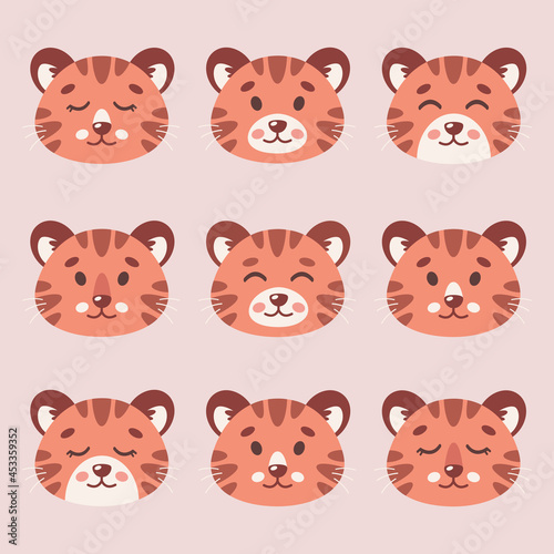 Fototapeta Naklejka Na Ścianę i Meble -  Cute tigers faces. Striped tigers set. Tiger cub. Vector illustration