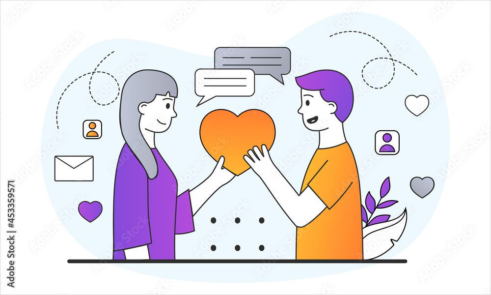 Love concept of couple. Man gives his beloved woman his big heart. Happy characters in romantic relationship. Creating family. Cartoon doodle flat vector illustration isolated on a white background Love concept of couple. Man gives his beloved woman his big heart. Happy characters in romantic relationship. Creating family. Cartoon doodle flat vector illustration isolated on a white background