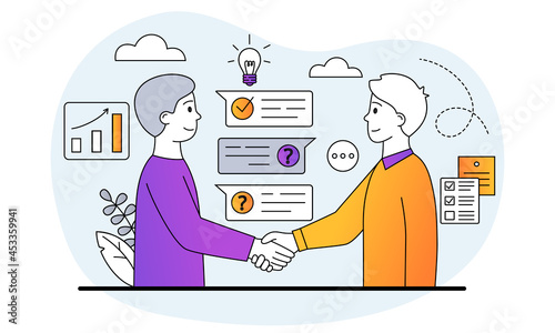 Partnership and collaboration concept. Businessmen shake hands and agree on cooperation. Effective teamwork and execution of tasks. Cartoon doodle flat vector illustration isolated on white background