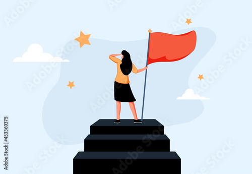 Success female entrepreneur, woman leadership or challenge and achievement concept, success businesswoman on top.