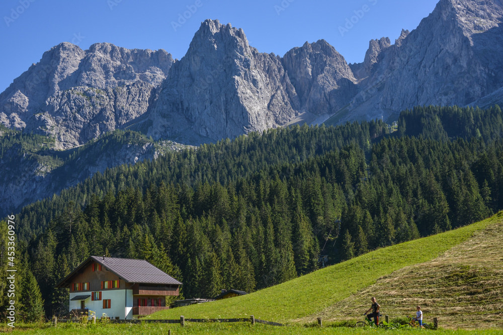 Casa rural en un paisaje con bosques y altas montañas en la región alpina del Friuli italiano