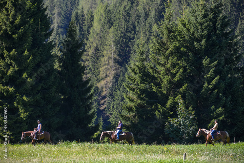Gente a caballo entre los bosques de la región alpina del Friuli italiano