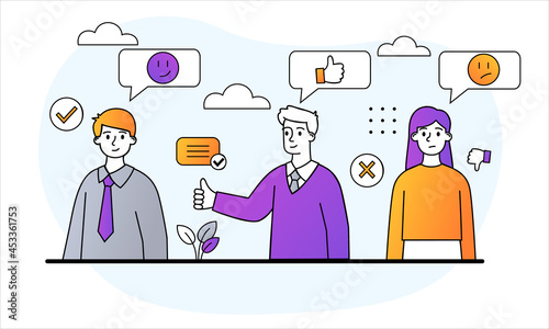 Customer review concept. Men and women make rating based on user positive and negative feedback. Customer choice. Know your client. Cartoon doodle flat vector illustration isolated on white background