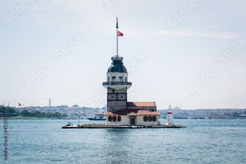 The historical Maiden's Tower, one of the symbols of Istanbul. Maiden's Tower on the Bosphorus in Üsküdar. View of Maiden's Tower and Sarayburnu. Bosphorus and Maiden's Tower view.