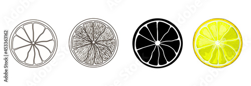 Set of four round lemon slices - outline style, doodle, cartoon and black silhouette of lemon. Stock vector illustration isolated on a white background.