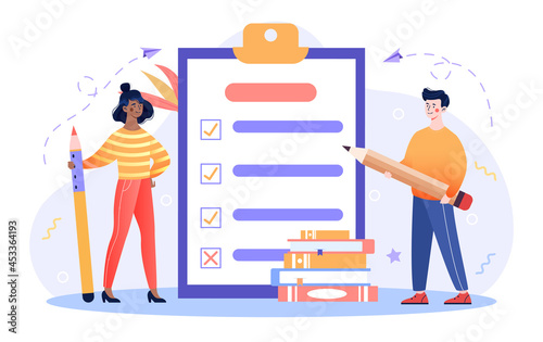 Education and studying concept. Man and woman look at result of completed exam test. Students answered correctly and made mistake. Cartoon flat vector illustration isolated on a white background