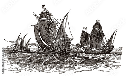 Three historic ships, Santa Maria, Nina, Pinta sailing on sea, after antique engraving from 19th century photo