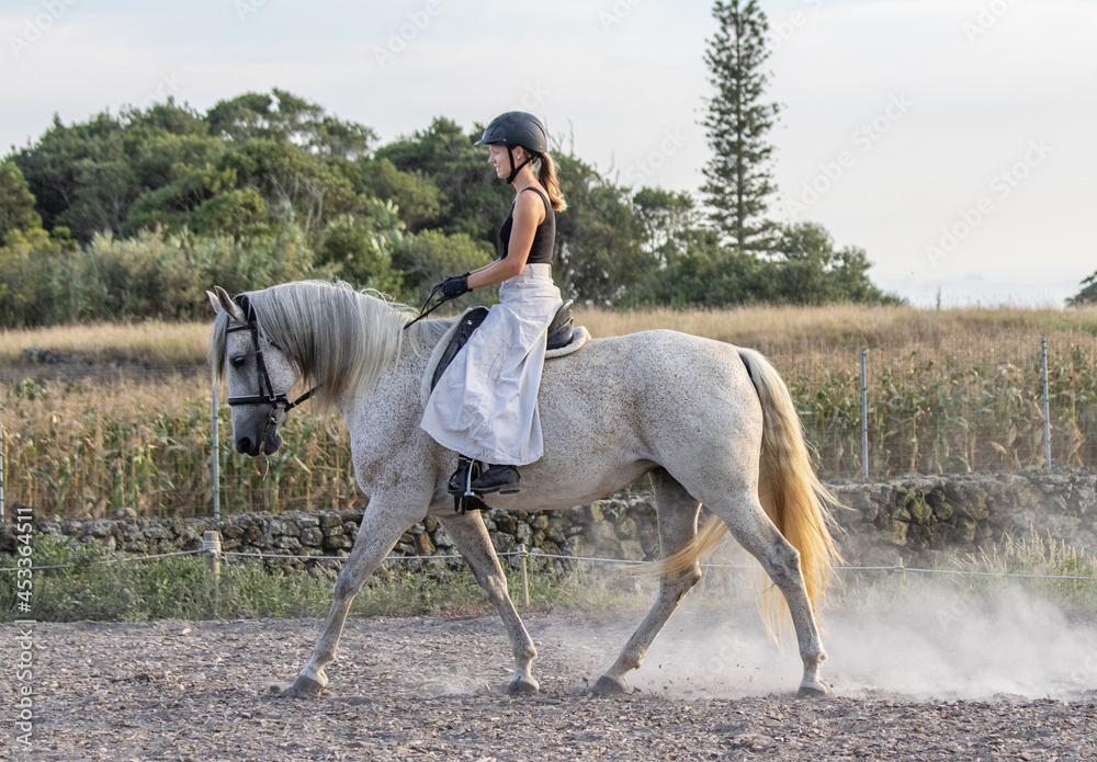 Riding white Lusitano horse, outdoors, cute team, riding arena outside. Riding white Lusitano horse, outdoors, cute team, riding arena outside.