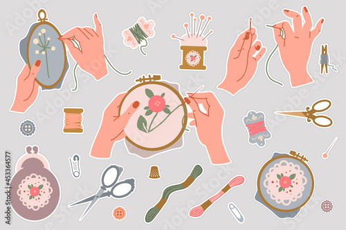 Handicraft stickers set with beautiful female hands and embroidery tools. Hoop, thread, scissors, etc. Flat vector graphics.