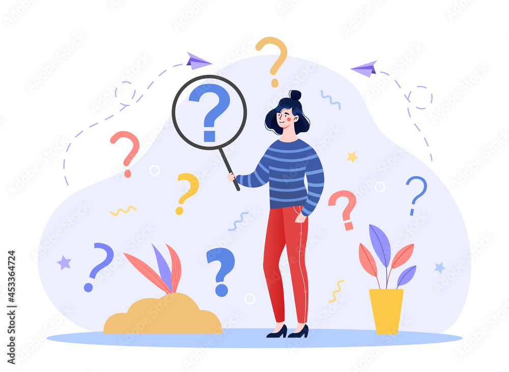 Concept of frequently asked questions. Woman with large magnifying glass looking for answers questions. Technical support. Search for information. Cartoon flat vector illustration on white background