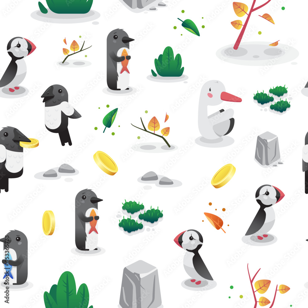 Obraz premium Pattern with the image of birds, leaves and stones on a white background