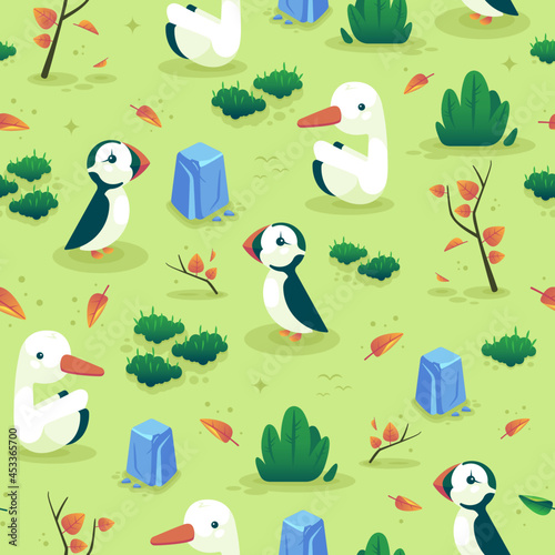 Walking birds on a light green background among plants and stones