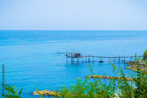 Trabocco Turchino in San Vito Chietino, Abruzzo. Trabucco a sort of Trebuchet, traditional wooden fishing house in southern Italy, on Costa dei Trabocchi (Coast Of the Trabocchi). UNESCO heritage