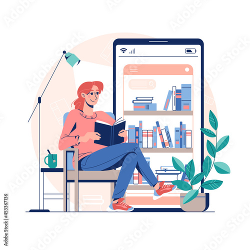 Online library, E-book reading concept. Vector illustration virtual library on a mobile app. Applications for reading and downloading books, audiobooks. Isolated background, flat style.