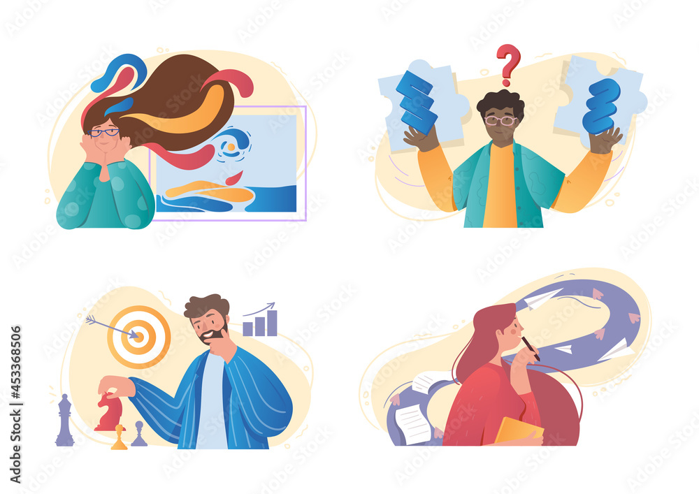 Set of male and female characters with different mental mindset models on white background. Concept of creative, imaginative, logical and structural thinking. Flat cartoon vector illustration