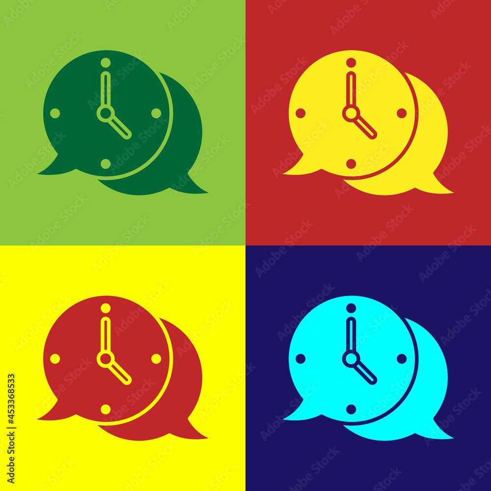Pop art Clock with speech bubble icon isolated on color background. Time sign. Office watch or timer symbol. Vector