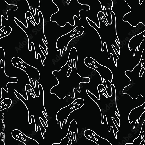 Hand drawn seamless Halloween pattern.The contours of the ghosts on a black background. Vector illustration.