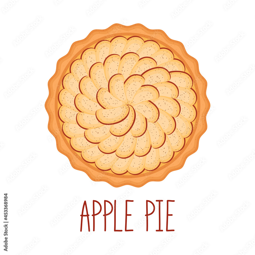Apple pie with cinnamon on white background, top view, vector illustration Apple pie with cinnamon on white background, top view, vector illustration