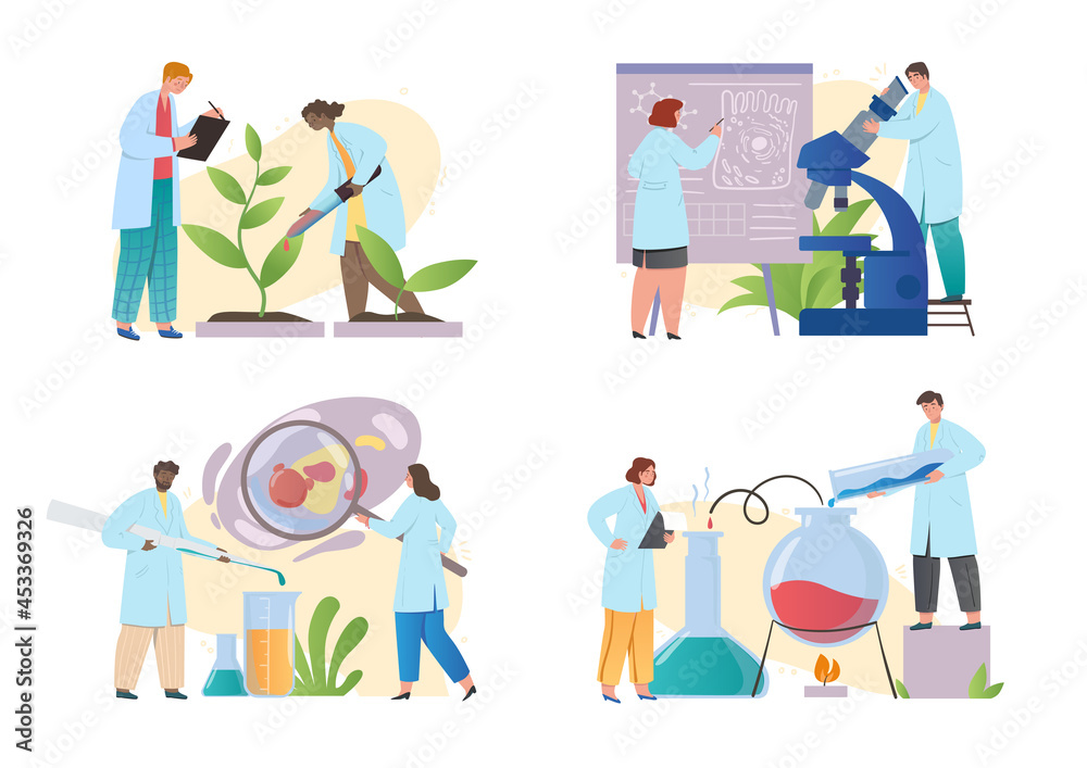 Set of male and female scientists conducting scientific researches and vaccine testing on white background. Concept of developments and discoveries in medicine. Flat cartoon vector illustration