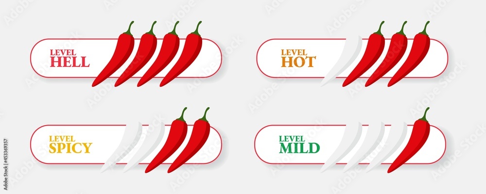 Spicy hot chili pepper icons set with flame and rating of spicy Mild, medium hot and extra hot level of pepper sauce or snack food Chili pepper or chile habanero and jalapeno level Hot pepper sign - obrazy, fototapety, plakaty 