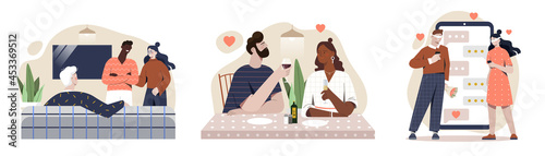 Set of scenes with male and female characters hanging out on white background. Concept of friends meeting, romantic date, leisure time, romantic relationship. Flat cartoon vector illustration