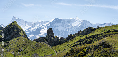 vue panoramique sur des reliefs alpins avec pâturage et forme géologique