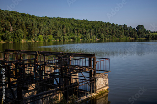 Pond with a dam on a background of pine forest in summer