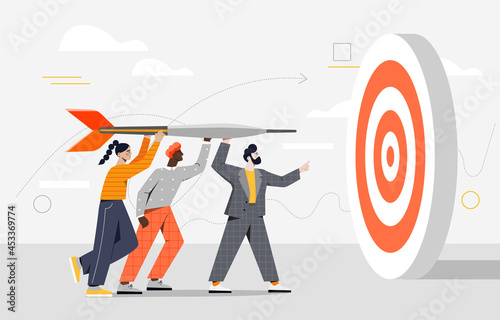 Male and female characters holding dart aiming on bullseye target together. Concept of team business goal, teamwork collaboration to achieve target. Flat cartoon vector illustration