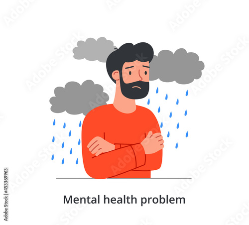Sad male character is having a mental health problem on white background. Concept of stressed people going through mental and physical hardships. Flat cartoon vector illustration